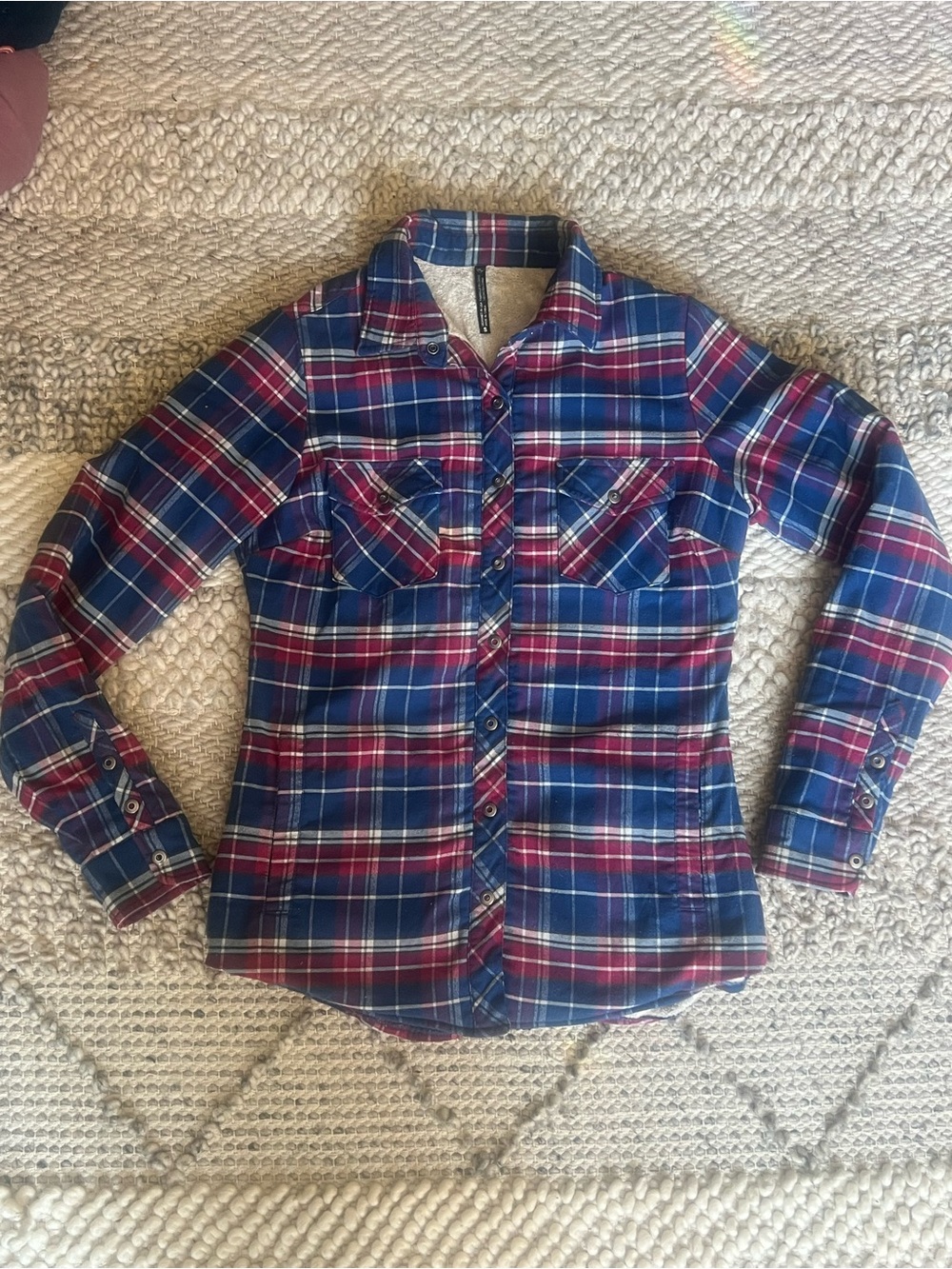 Kuhl Blue and Burgundy Plaid Sherpa-Lined Jacket